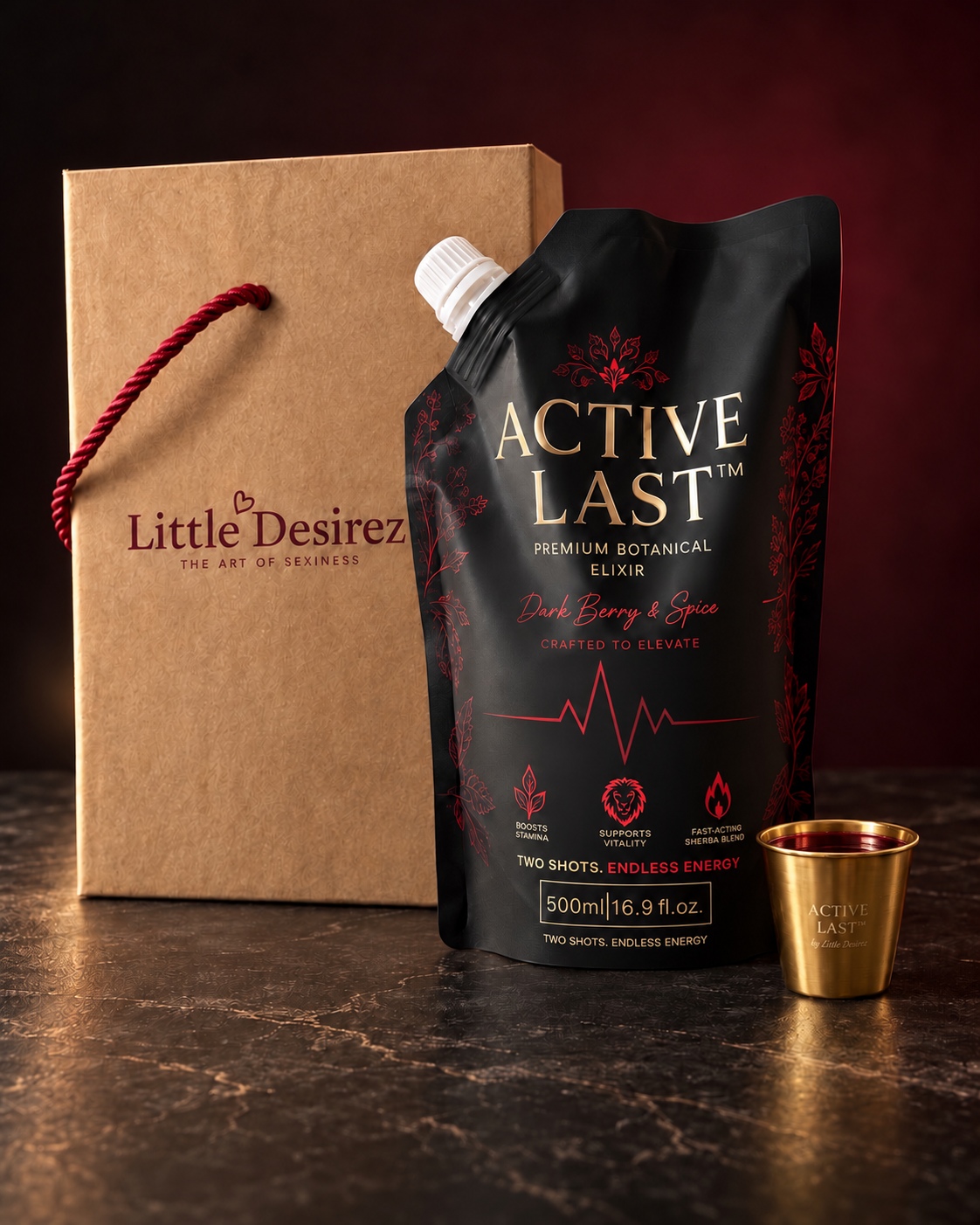Active Last pouch with Little Desirez gift bag and gold shot cup