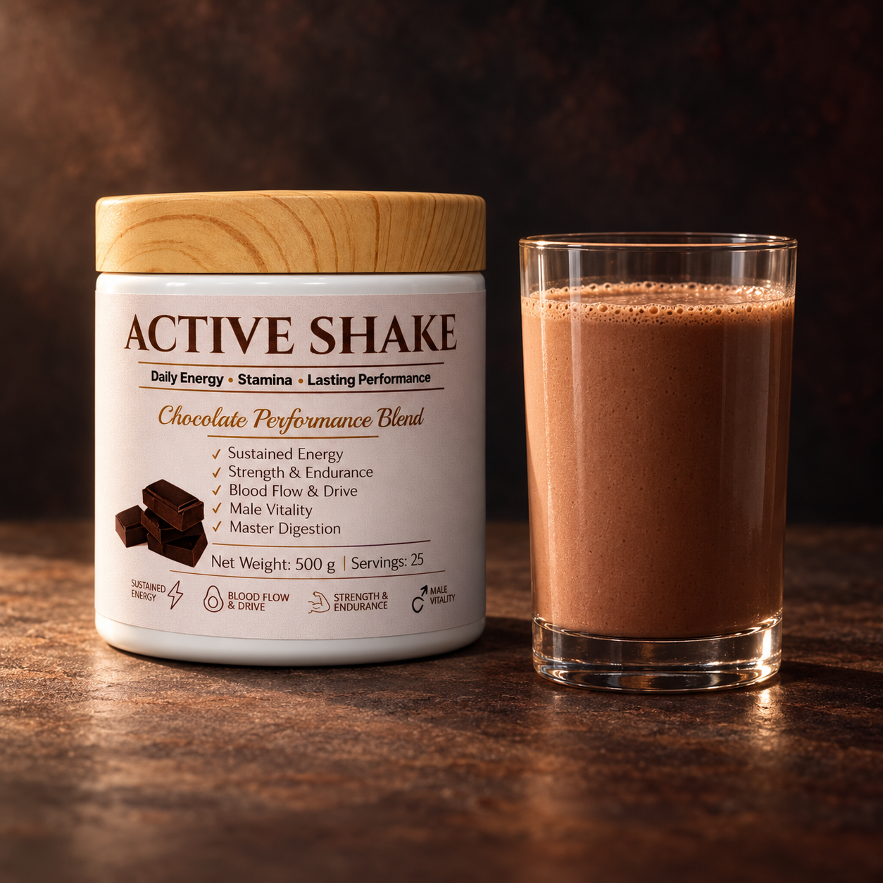 Active Shake chocolate jar beside a glass of rich chocolate shake