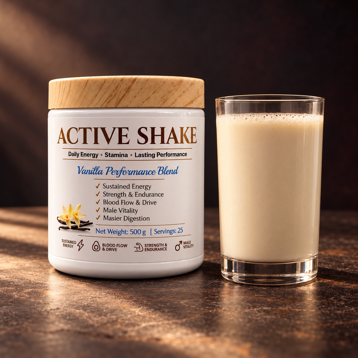 Active Shake vanilla jar beside a glass of creamy ivory shake