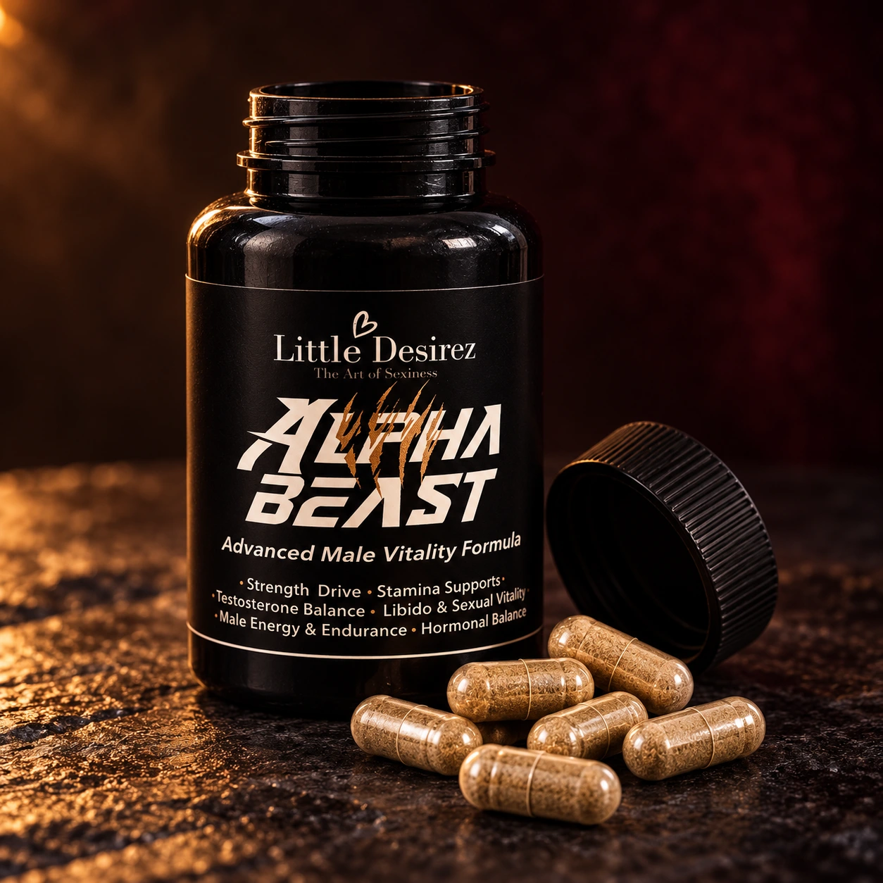 Alpha Beast: open bottle and capsules