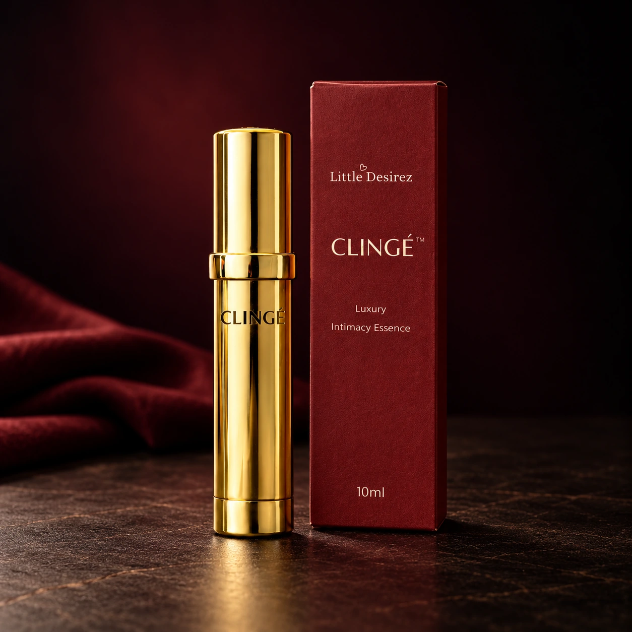 Clingé gold bottle with burgundy presentation box