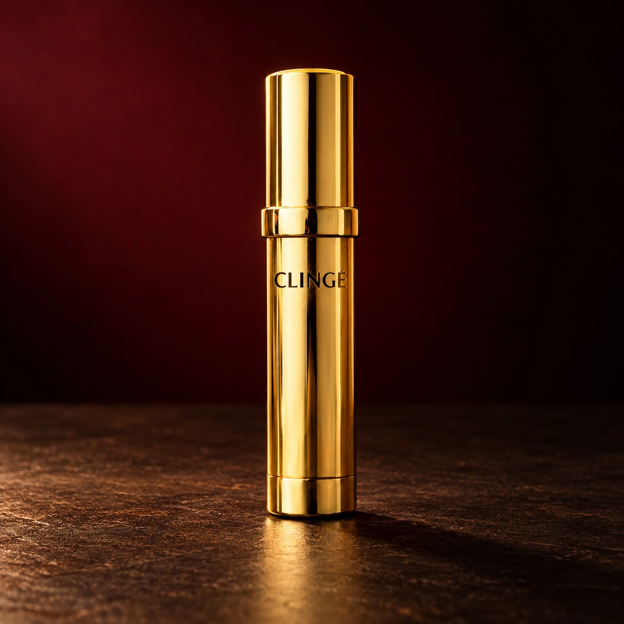 Clingé gold bottle in warm studio light