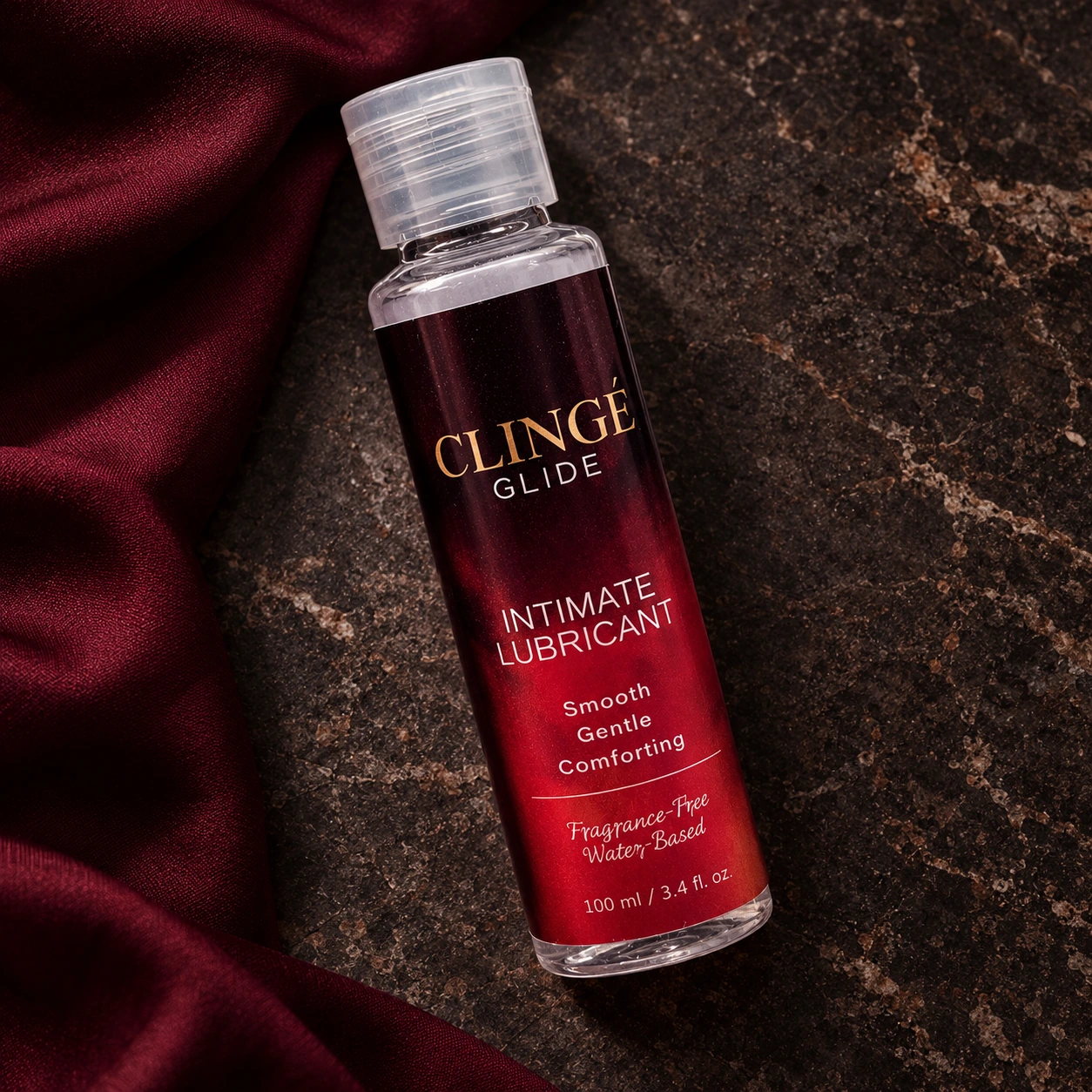 Clingé Glide bottle and packaging in a flat lay