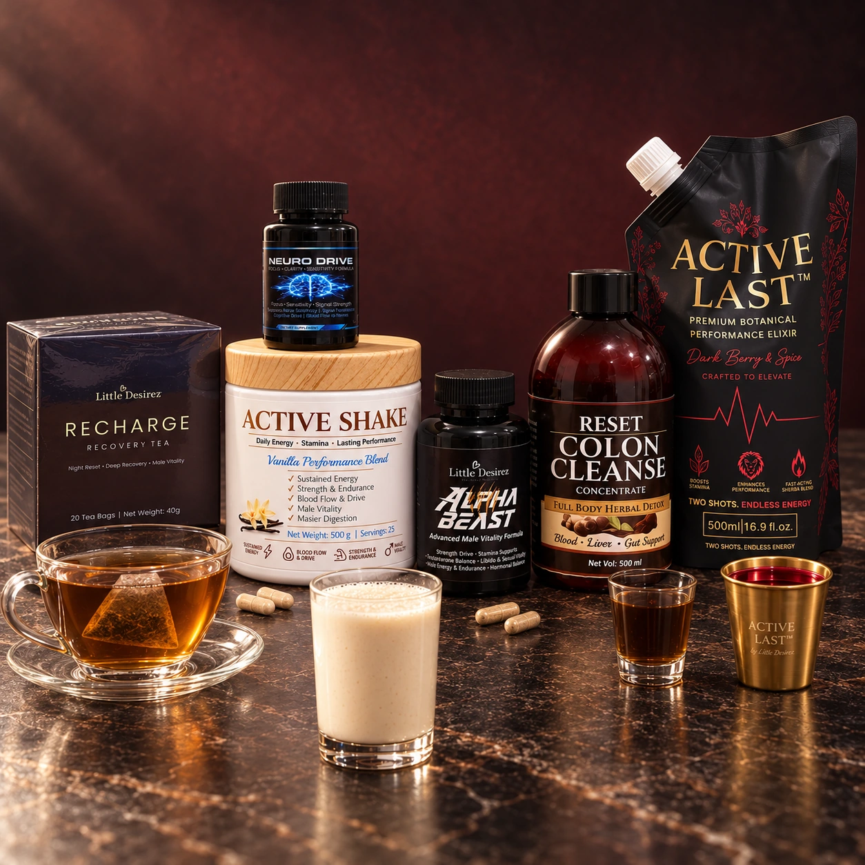 Six Complete Man Stack products with amber tea, creamy vanilla shake, deep brown herbal liquid and ruby hibiscus-coloured drink