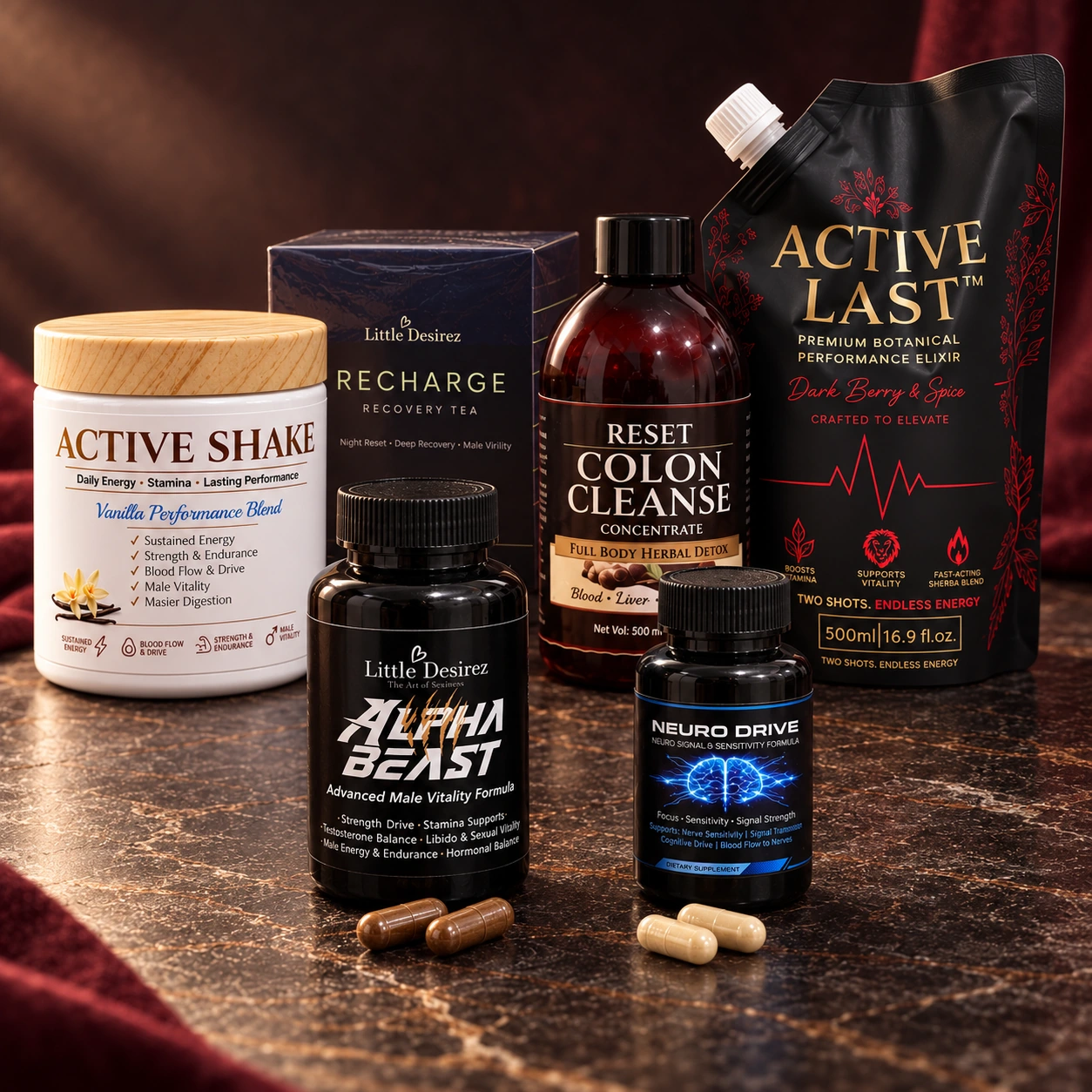 Complete Man Stack detail with brown Alpha Beast capsules and pale tan Neuro Drive capsules