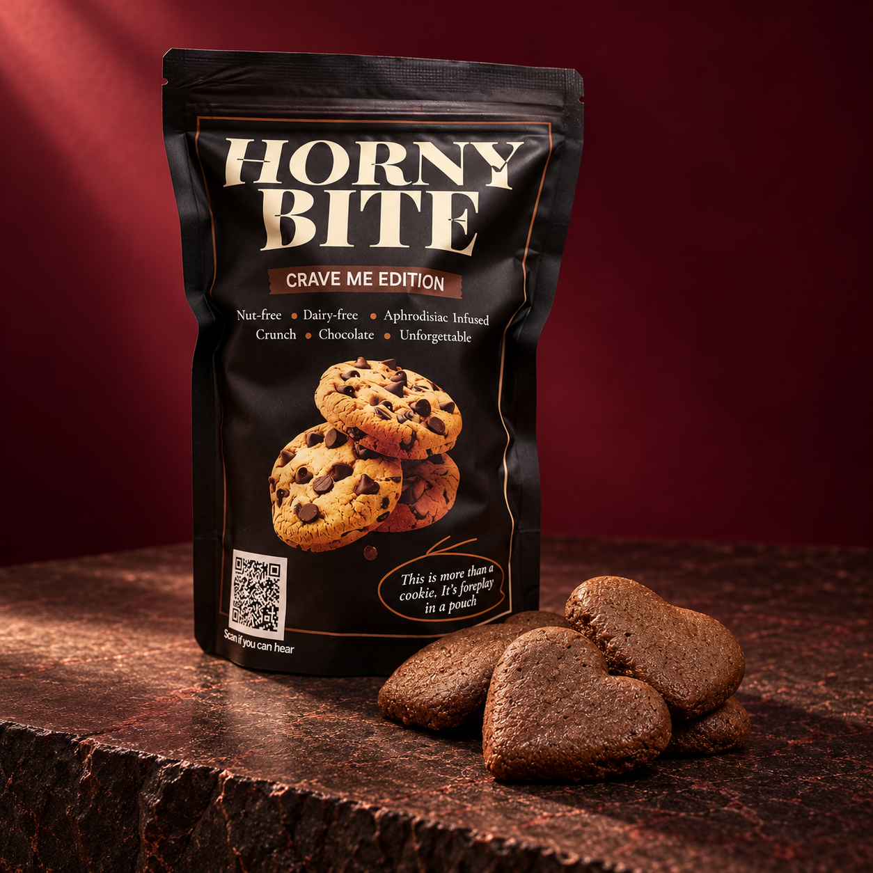 Horny Bite pouch with heart-shaped chocolate cookies on dark stone against a burgundy background