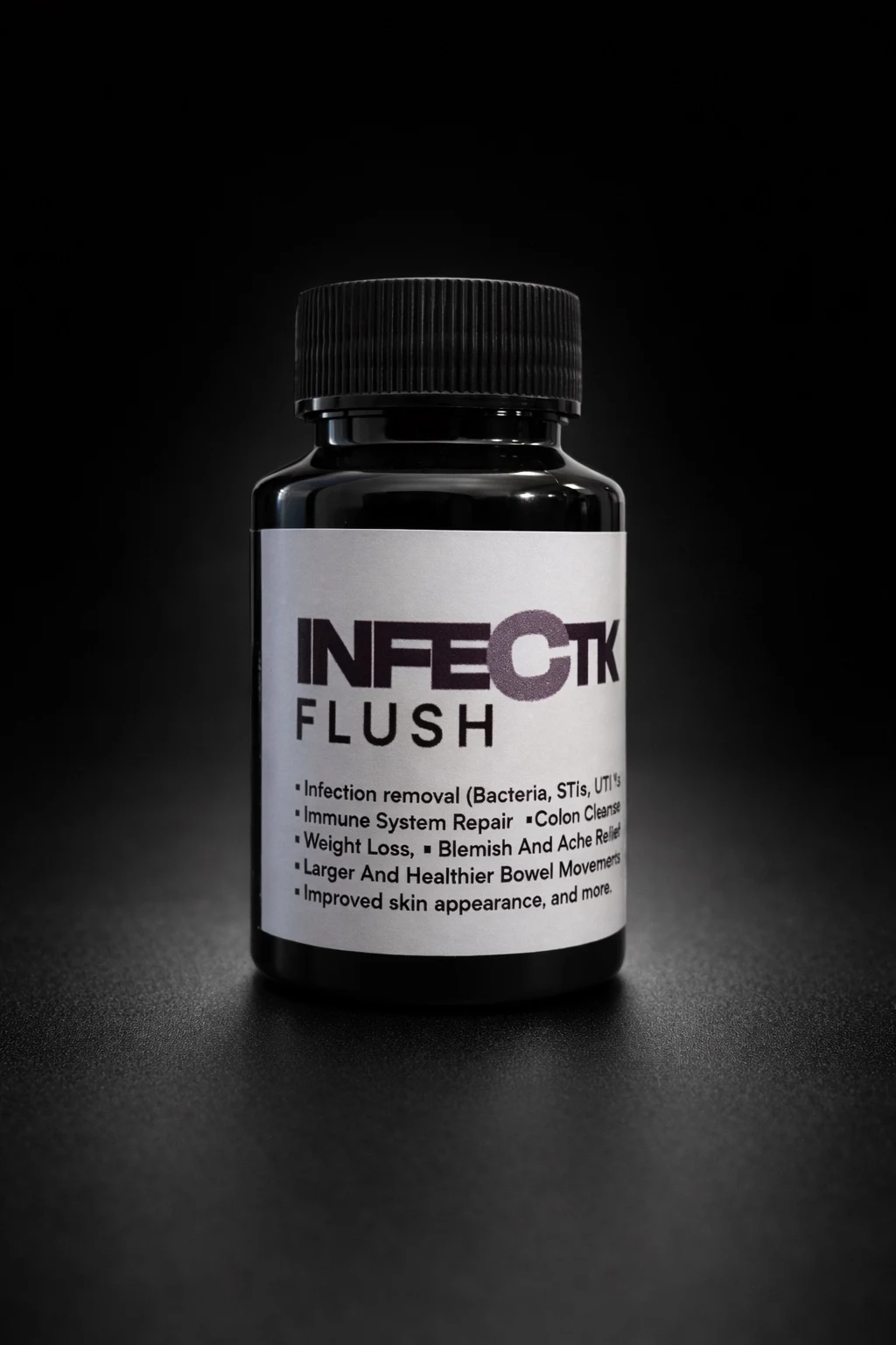 Infection Flush black capsule bottle