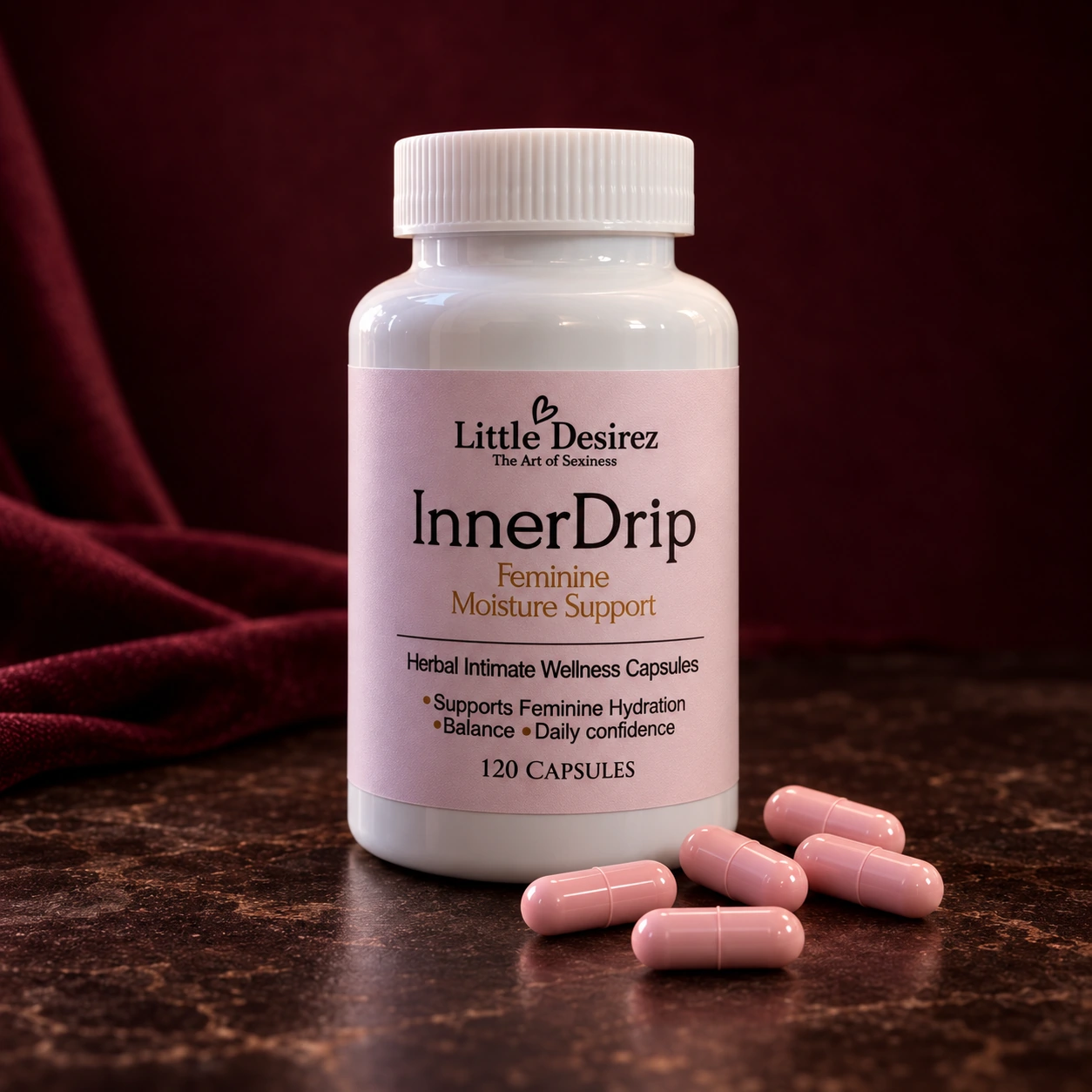 White Little Desirez InnerDrip bottle with a blush label, 120 capsules