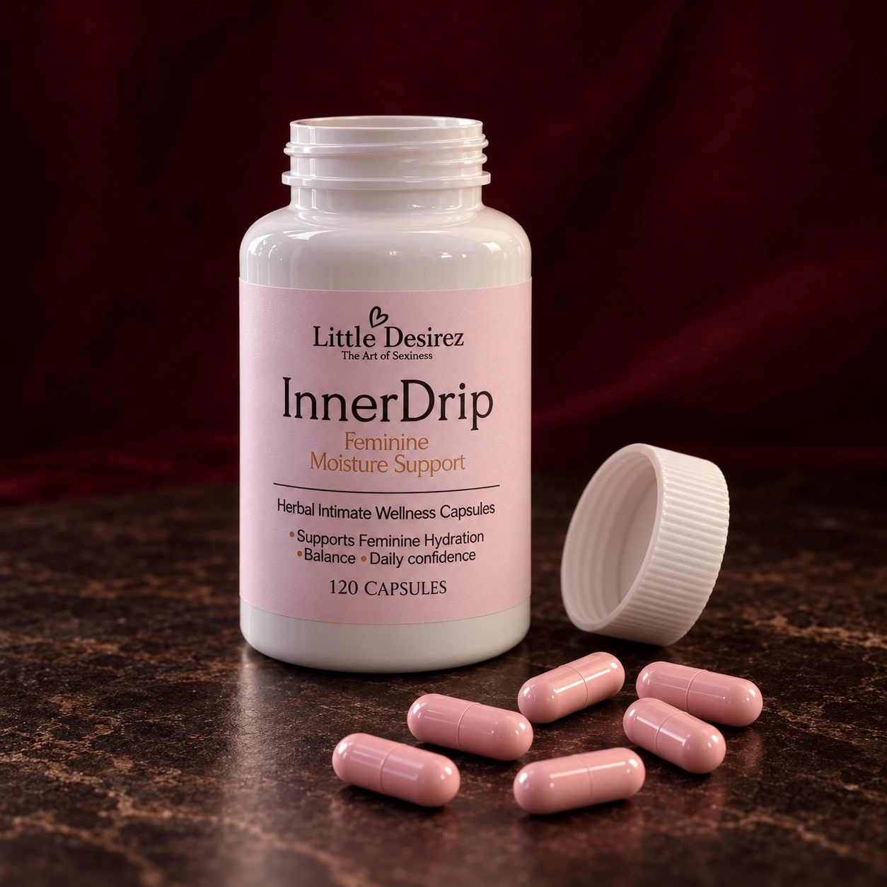 Open InnerDrip bottle with soft pink capsules