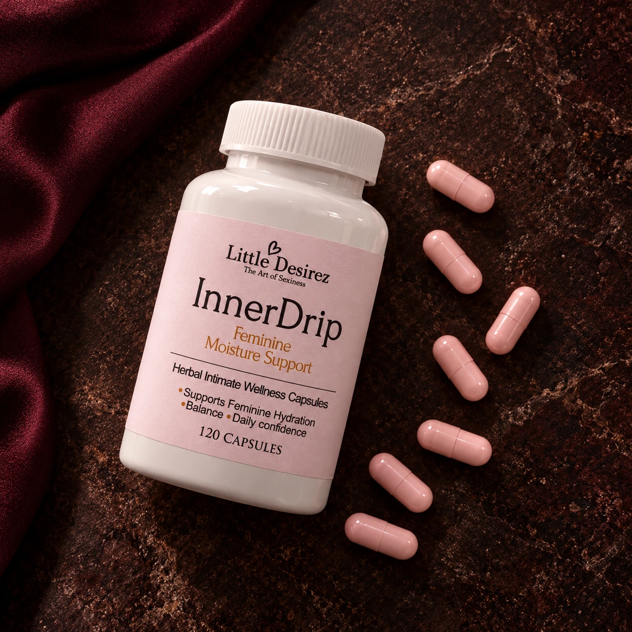 InnerDrip bottle and pink capsules viewed from above