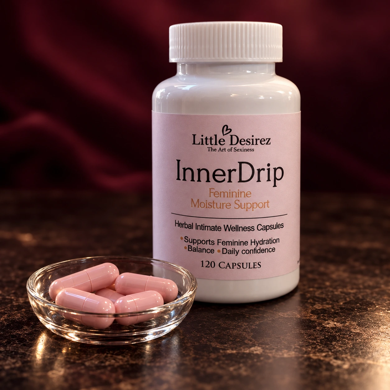 Soft pink InnerDrip capsules in a dish