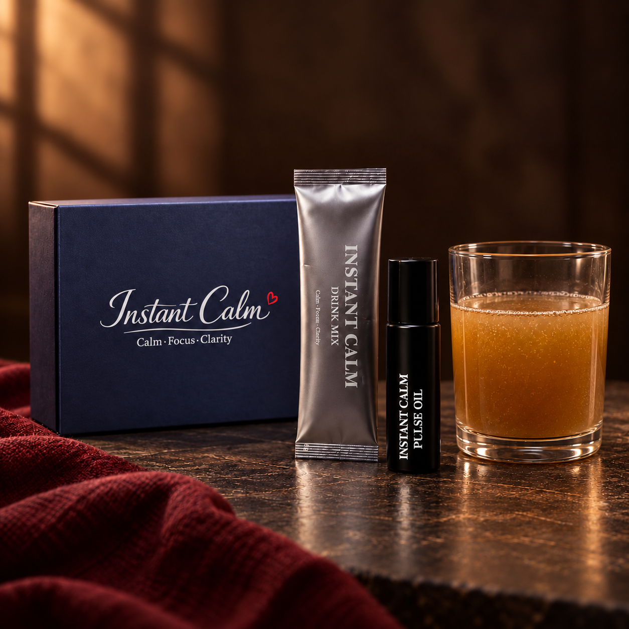 Instant Calm drink mix and pulse oil with their navy presentation box