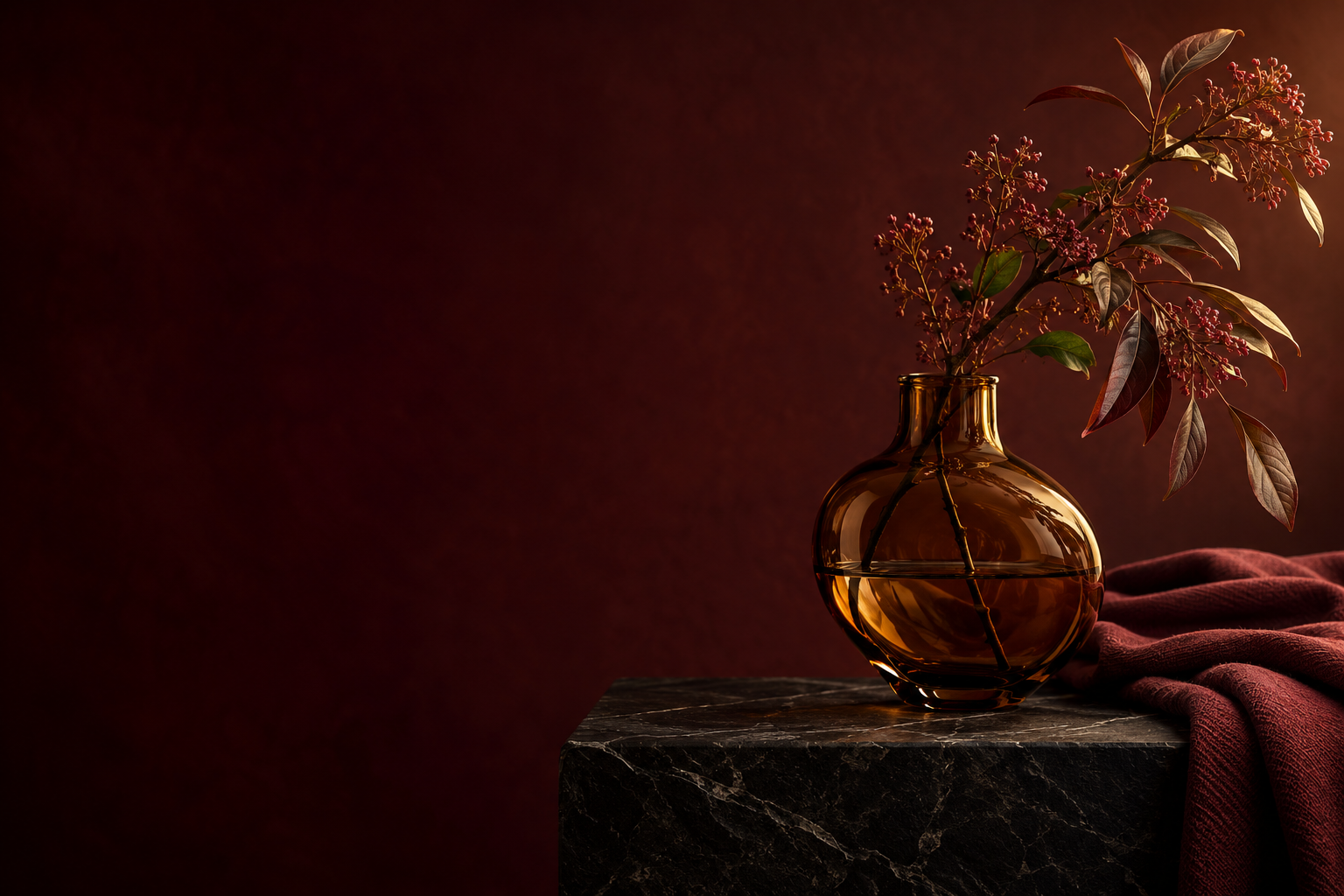 Amber glass, botanical branches and burgundy fabric on dark stone