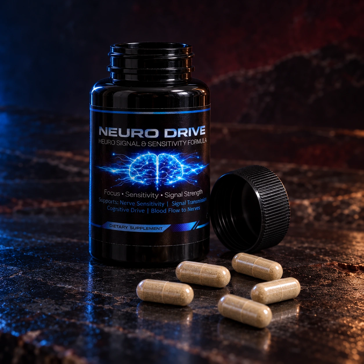 Neuro Drive: open bottle and capsules