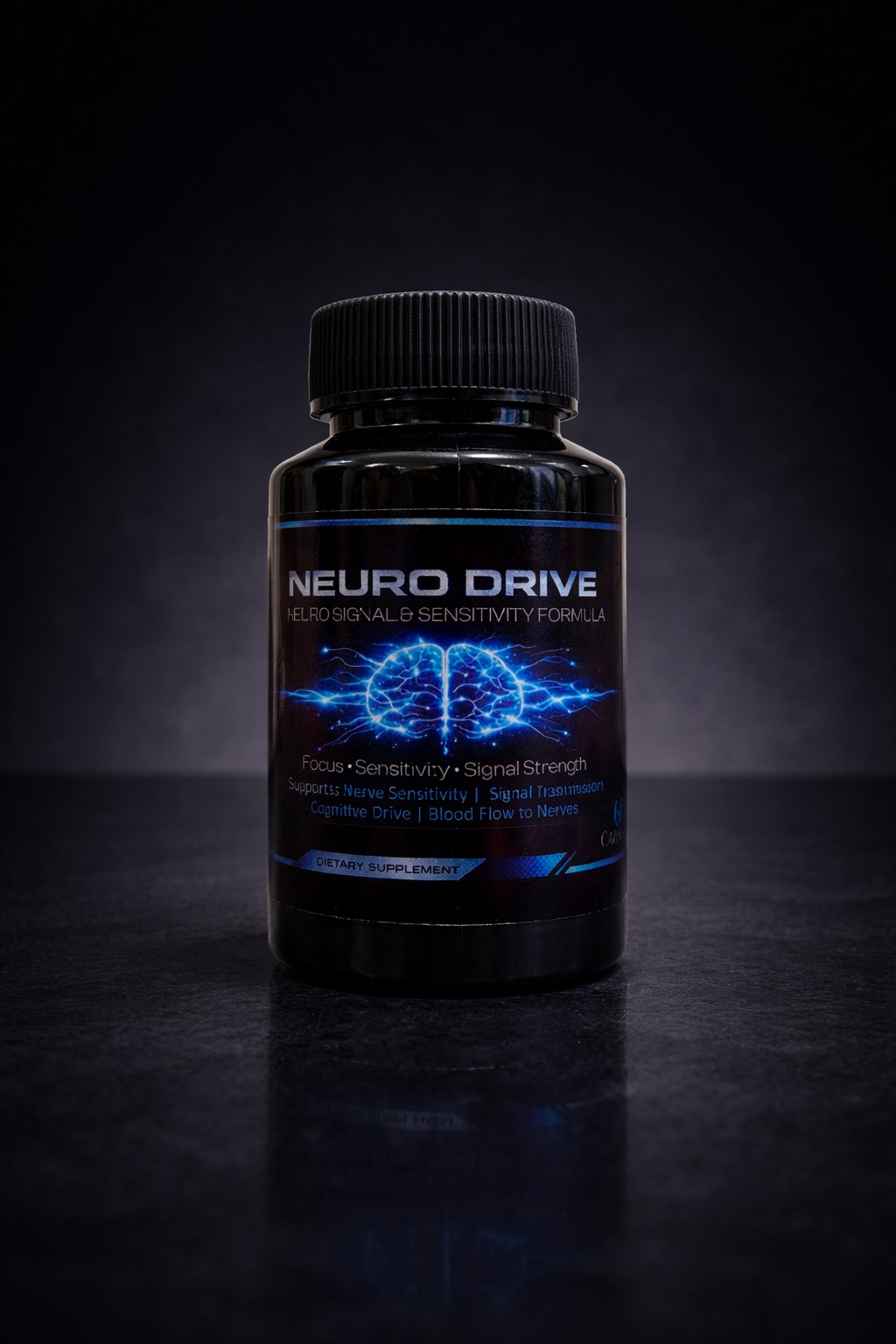 Neuro Drive black supplement bottle with blue label