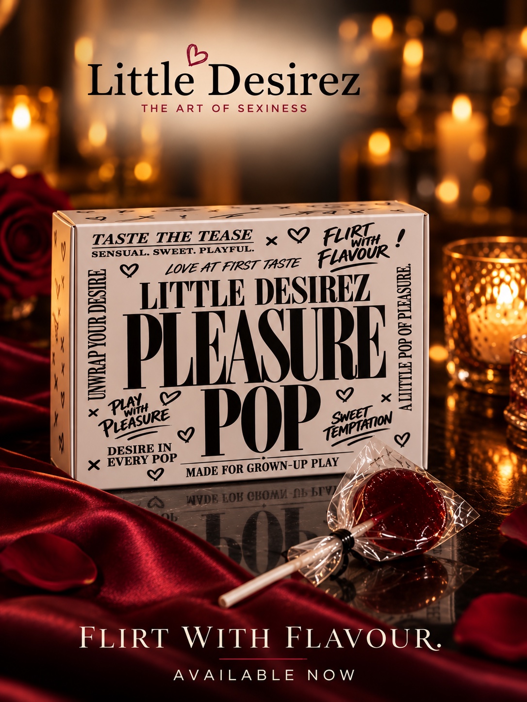 Little Desirez Pleasure Pop box with a wrapped burgundy lollipop