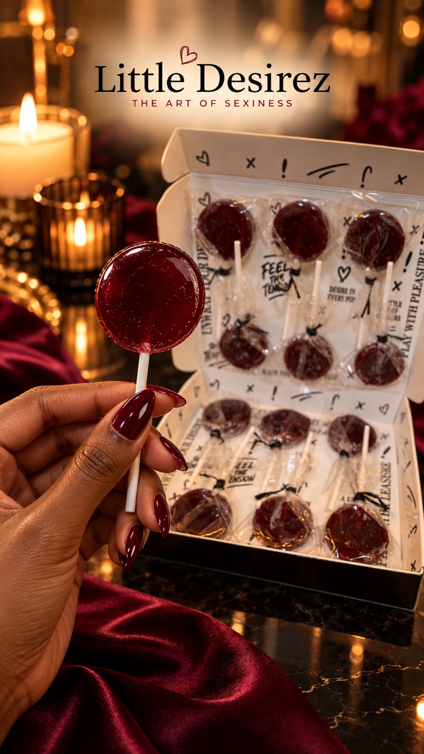 Close-up of a flat burgundy Pleasure Pop held in front of its open box