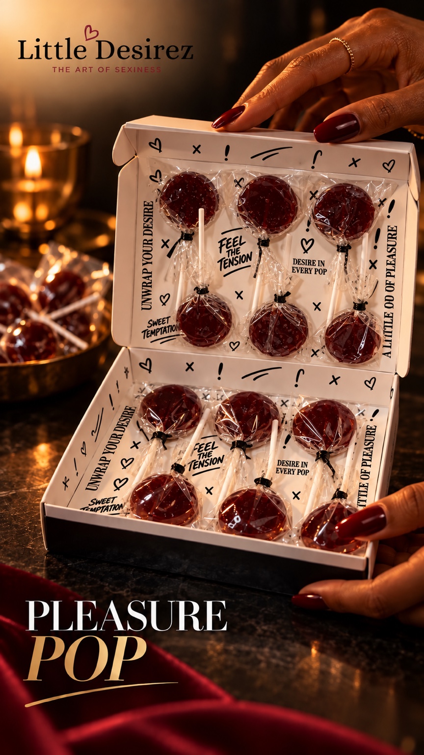 Open Pleasure Pop presentation box with twelve individually wrapped lollipops