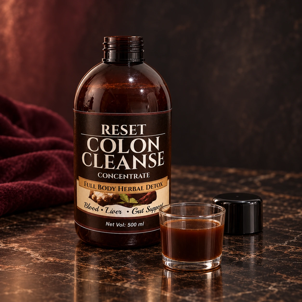 Reset Colon Cleanse: open bottle and herbal liquid