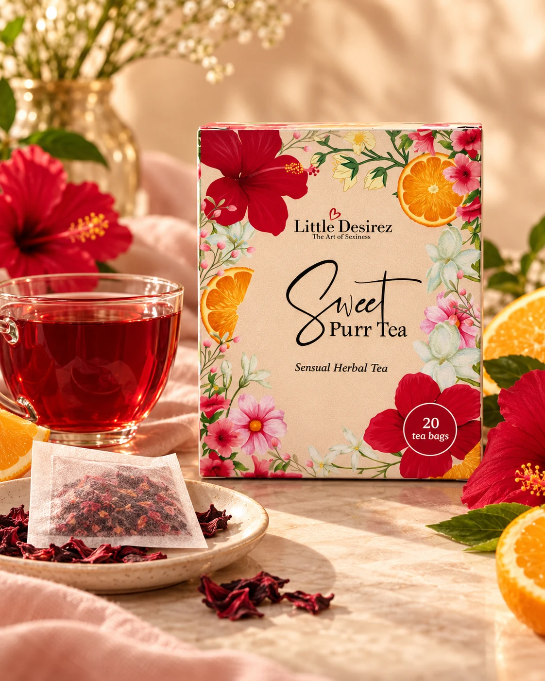 Sweet Purr Tea floral box beside burgundy tea and a square tea bag