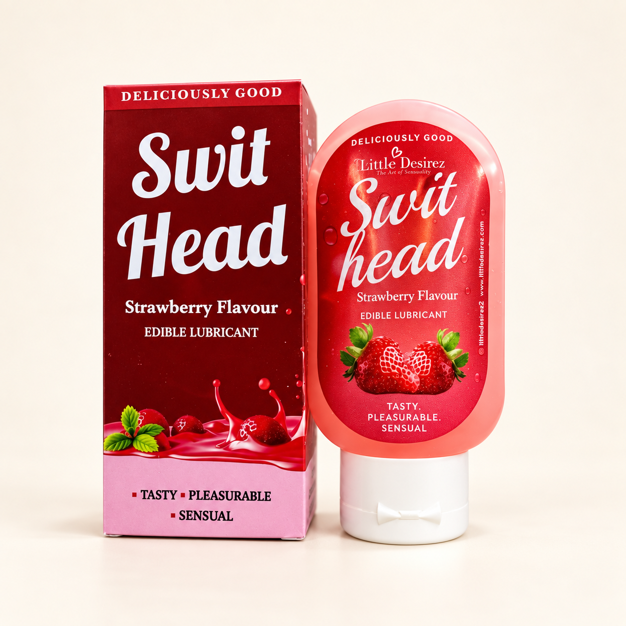 Strawberry Swit Head bottle beside its red and pink box