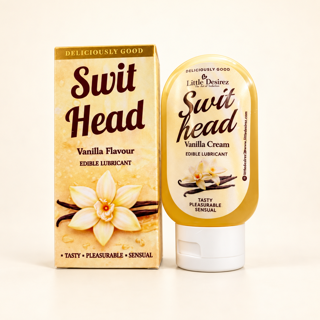 Vanilla Cream Swit Head bottle beside its gold box